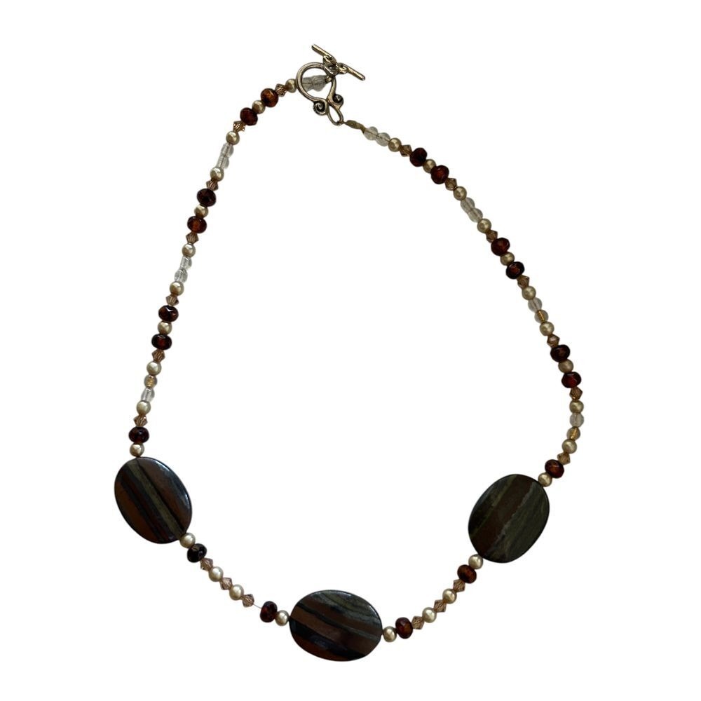 Tiger Iron Gemstone Faux Pearl Crystal Beaded Statement Necklace  Toggle Clasp